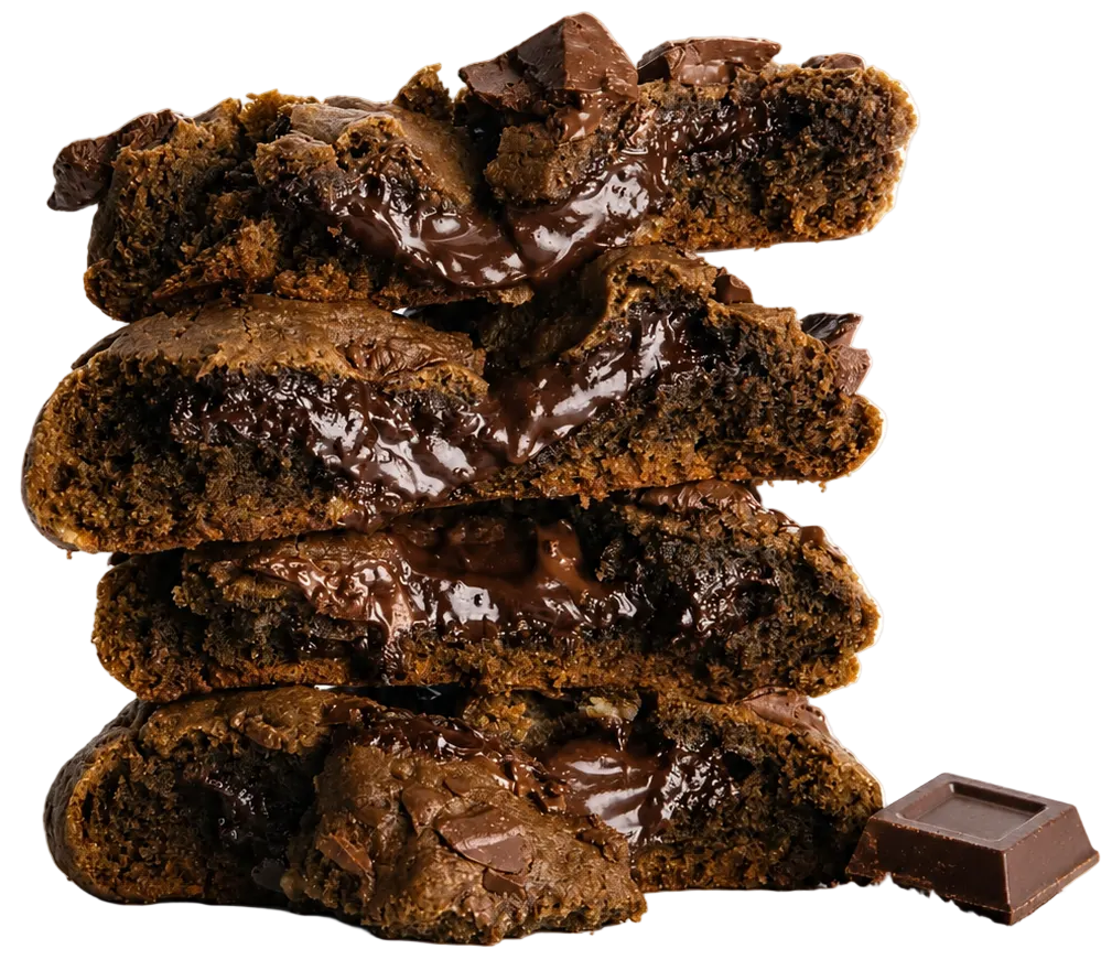 A stack of four chocolate chip cookies with melted chocolate filling, shown on a white background with a small piece of dark chocolate and cocoa powder scattered at the base.