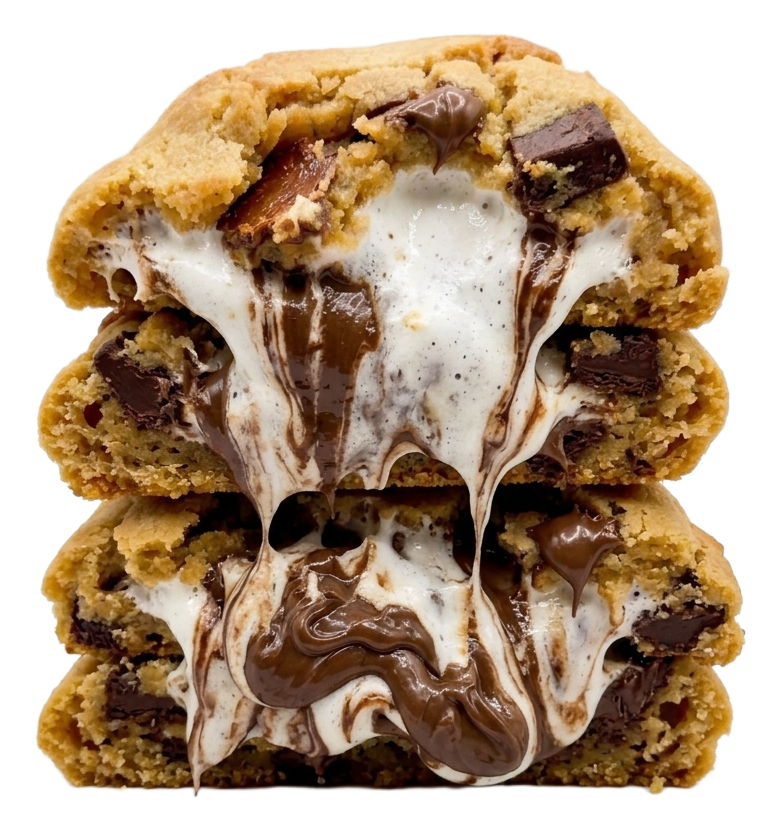 A stacked trio of chocolate chip cookies split open, revealing a gooey, melted marshmallow and caramel center with dark chocolate chips, isolated on a white background.